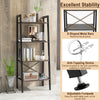 4-tier bookshelf with oak shelves and black metal frame, featuring adjustable foot pads for stability and versatile use.