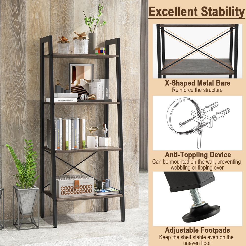 4-tier bookshelf with oak shelves and black metal frame, featuring adjustable foot pads for stability and versatile use.