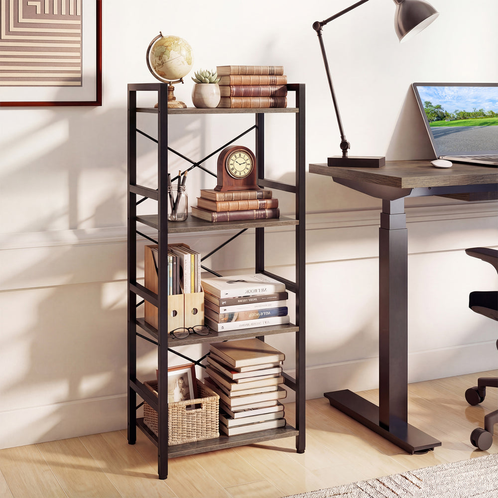 4-Tier Bookshelf Narrow Freestanding Display Shelf with Metal Frame-Oak - Gallery View 1 of 9