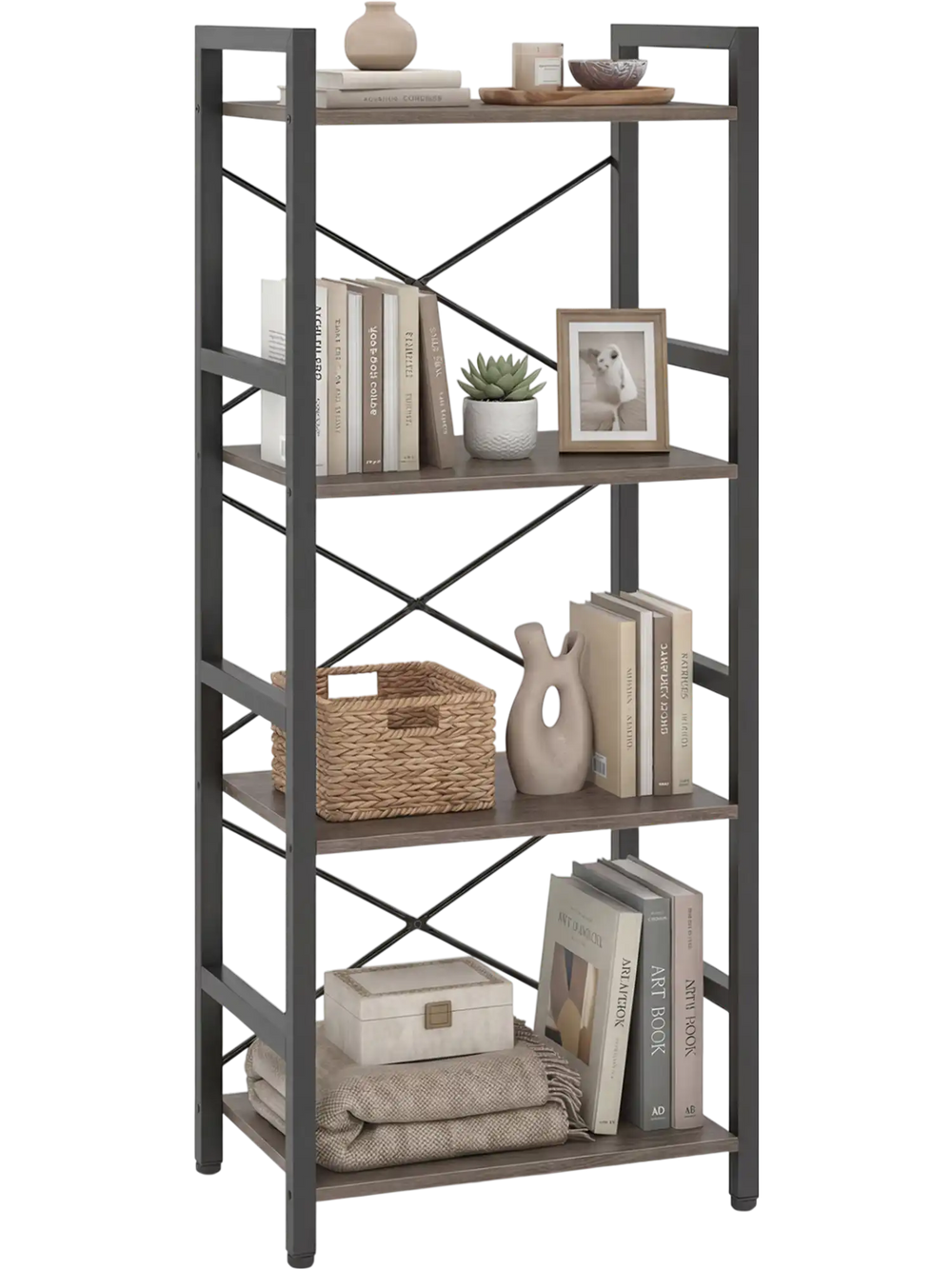 Narrow 4-tier bookshelf with metal frame in oak, featuring spacious shelves for books and decor, ideal for small spaces.