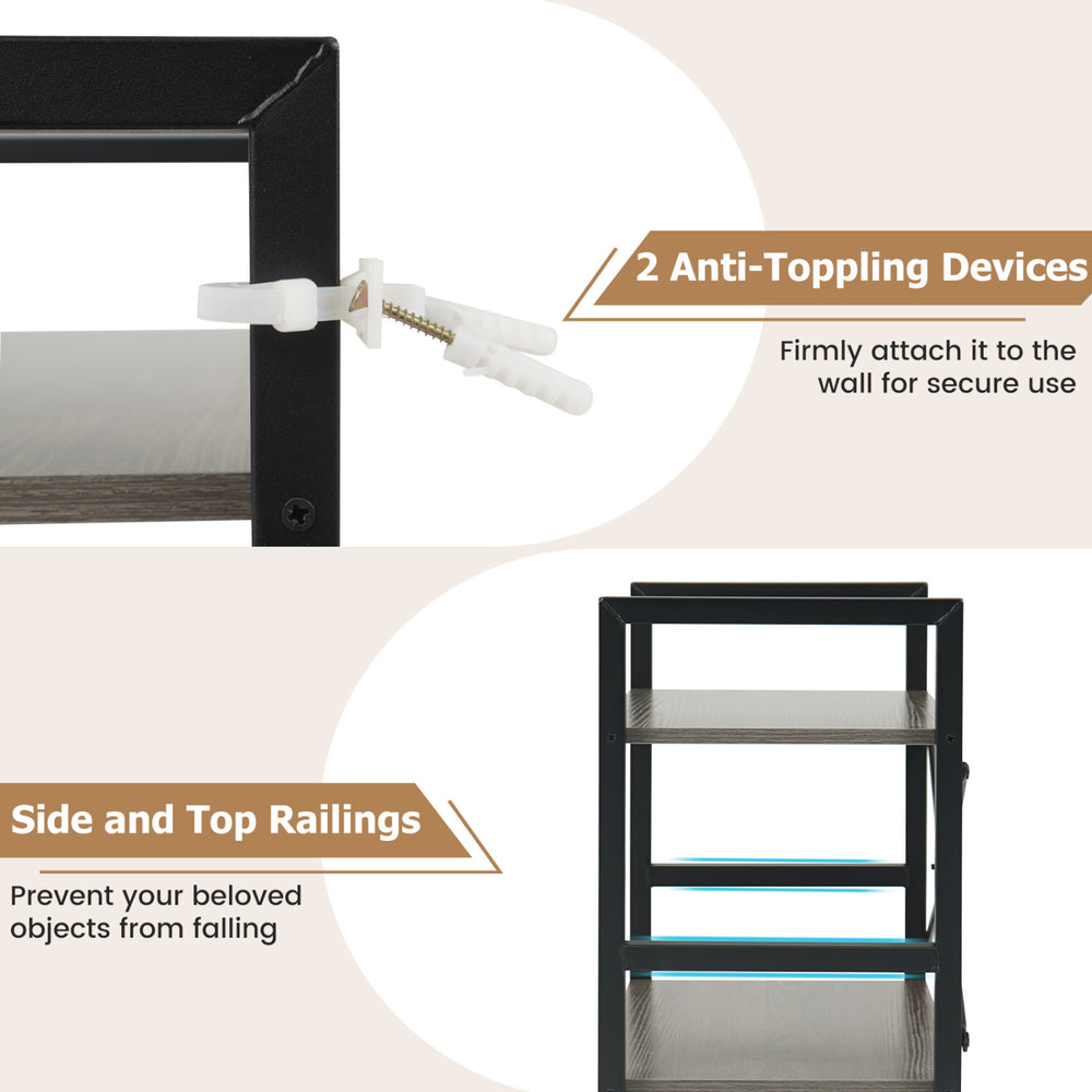 4-tier narrow bookshelf with metal frame and oak shelves, featuring anti-tipping devices for added safety and stability.