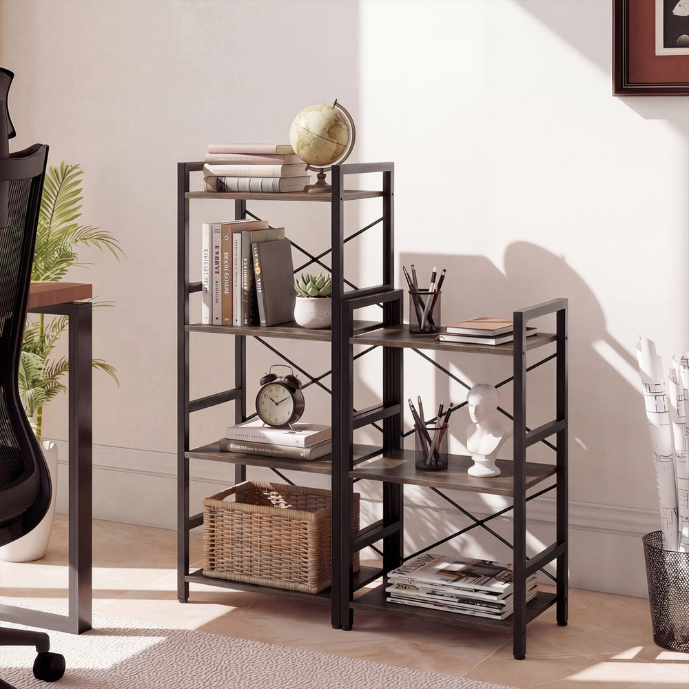 Narrow 4-tier bookshelf with metal frame and oak shelves, ideal for books and decor in small spaces.