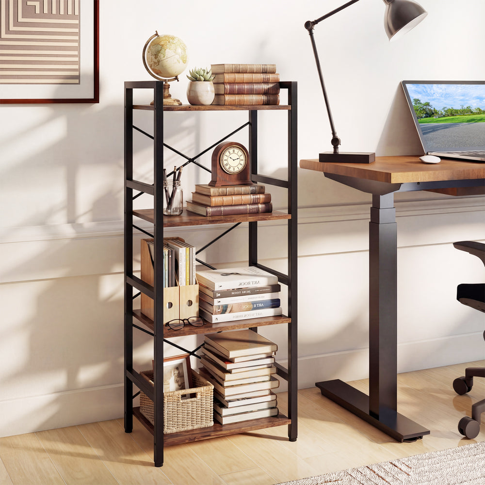 4-Tier Bookshelf Narrow Freestanding Display Shelf with Metal Frame-Rustic Brown - Gallery View 1 of 9