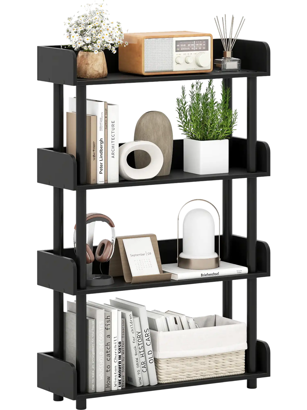 4-tier black bookshelf with anti-tipping kit, ideal for books and decor in living rooms or offices.