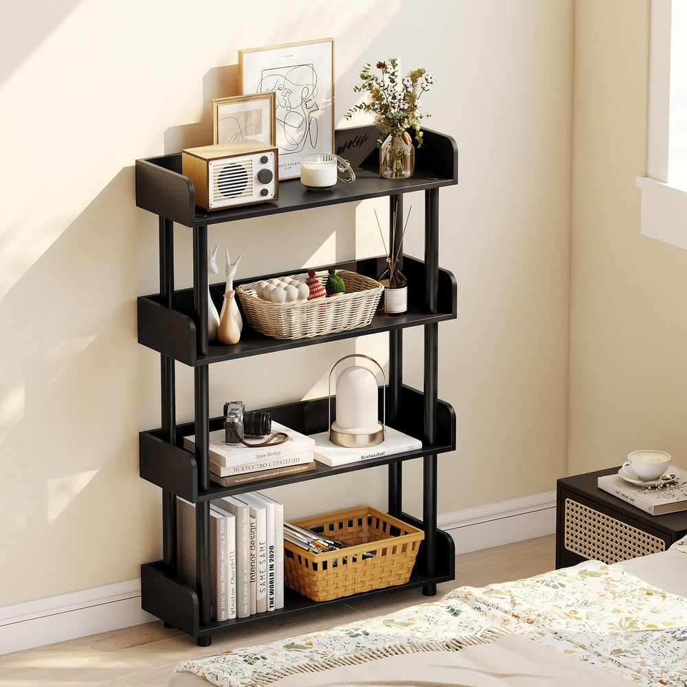 4-tier black bookshelf with stylish design and anti-tipping kit, perfect for displaying plants and decorative items in.