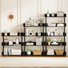 4-tier black bookshelf with anti-tipping kit, ideal for living rooms and offices, showcasing books and decor.