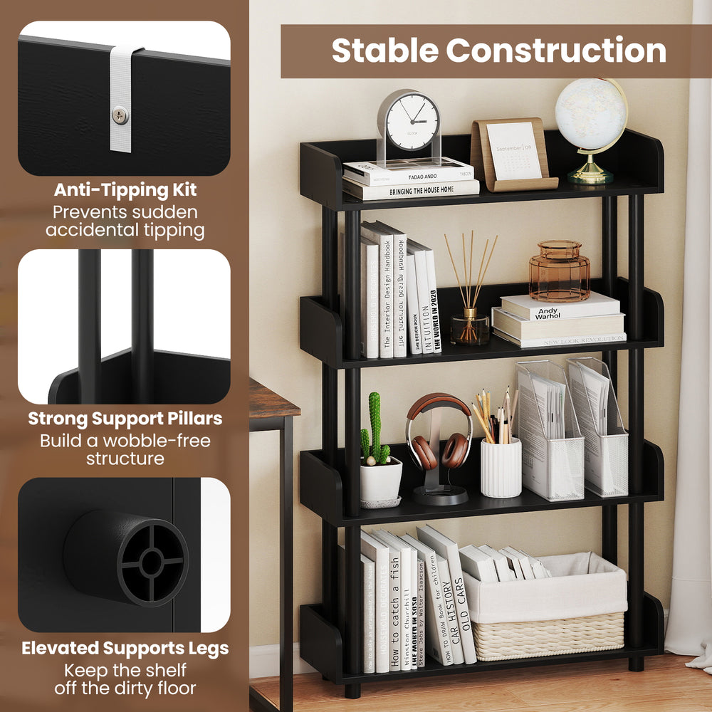 4-tier black bookshelf with anti-tipping kit and strong support pillars, perfect for living rooms and offices.