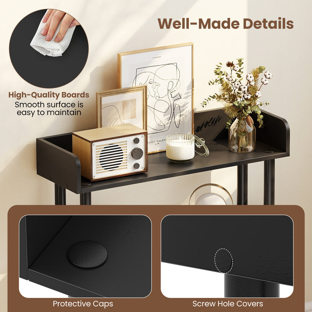 Close-up of the 4-tier black bookshelf showcasing smooth surface, protective caps, and screw hole covers for a sleek.