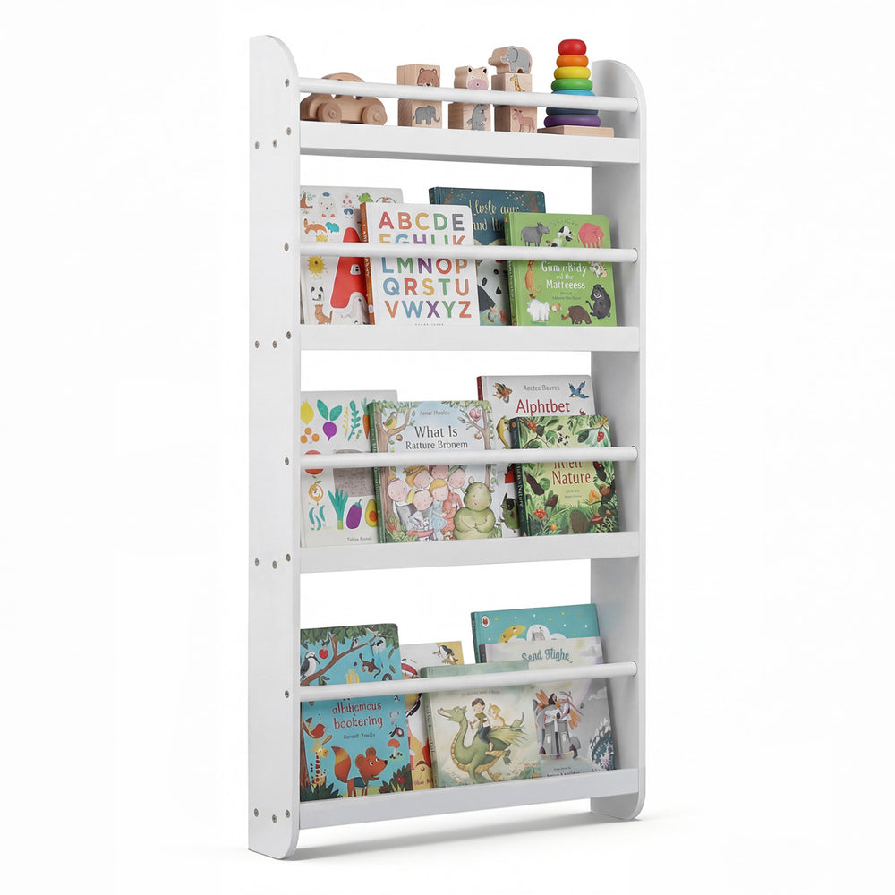 4-tier white bookshelf organizer for toys and books, featuring safety rails and rounded corners for secure storage.