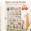 4-tier white bookshelf organizer with basswood crossbar, designed for toys and books, perfect for space-saving behind.