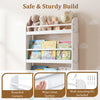 4-tier white bookshelf organizer with basswood crossbar, featuring rounded corners and a wipe-clean surface for safety.