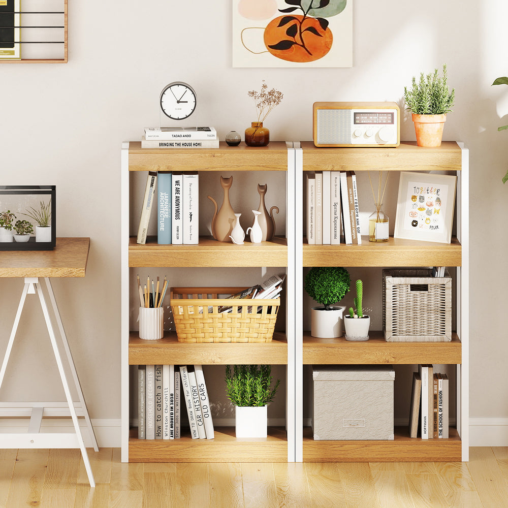 4-tier wooden bookshelf in natural finish with books and decor, featuring anti-tipping kits for stability in any room.