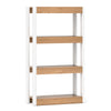 4-tier wooden bookshelf with natural finish and white frame, featuring anti-tipping kits for secure storage in any room.