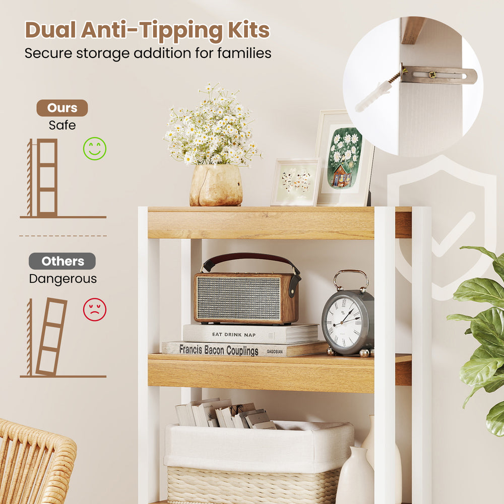 4-tier wooden bookshelf with dual anti-tipping kits, featuring spacious shelves for secure storage in any room.