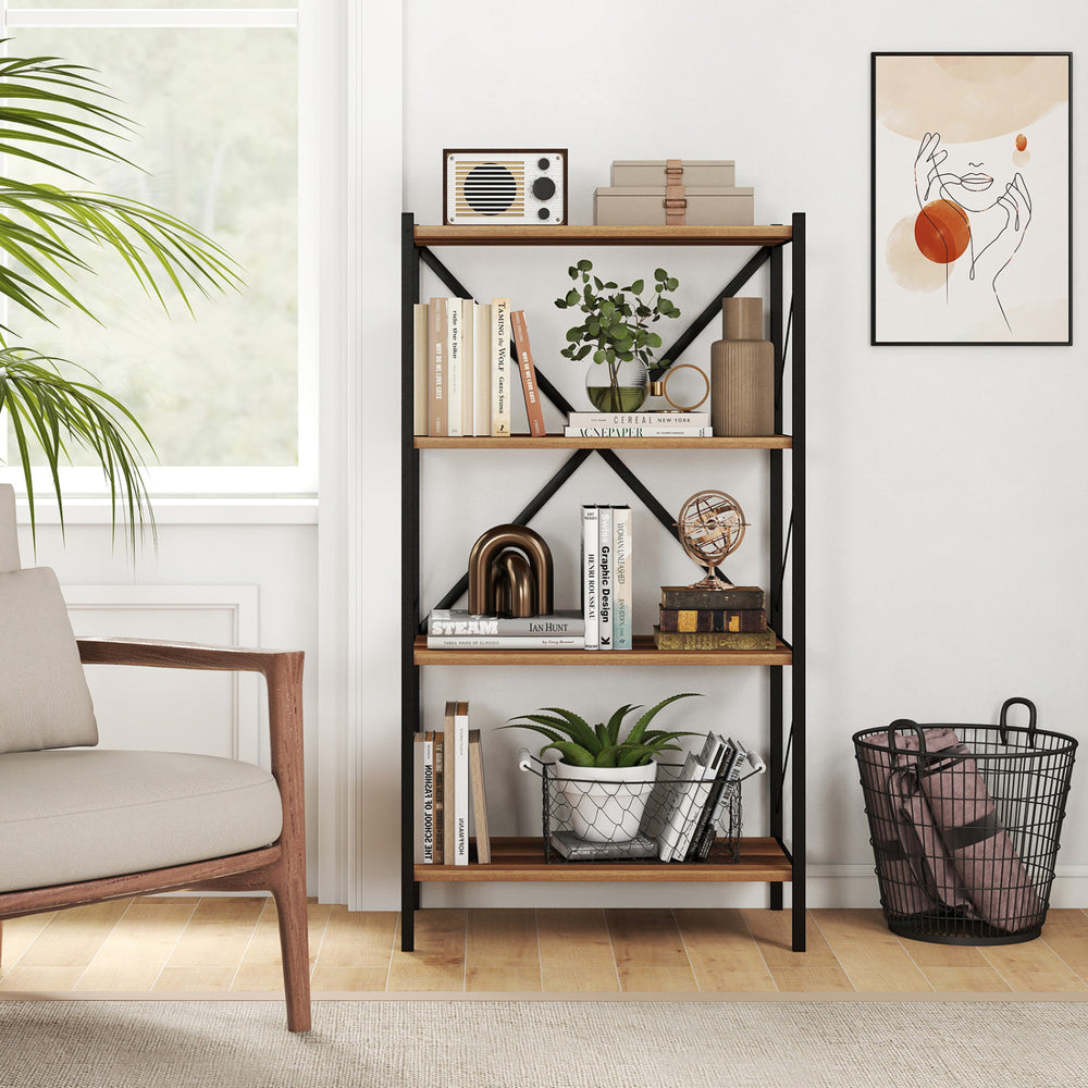4-tier bookshelf with heavy-duty metal frame and walnut shelves, ideal for living room or home office organization.