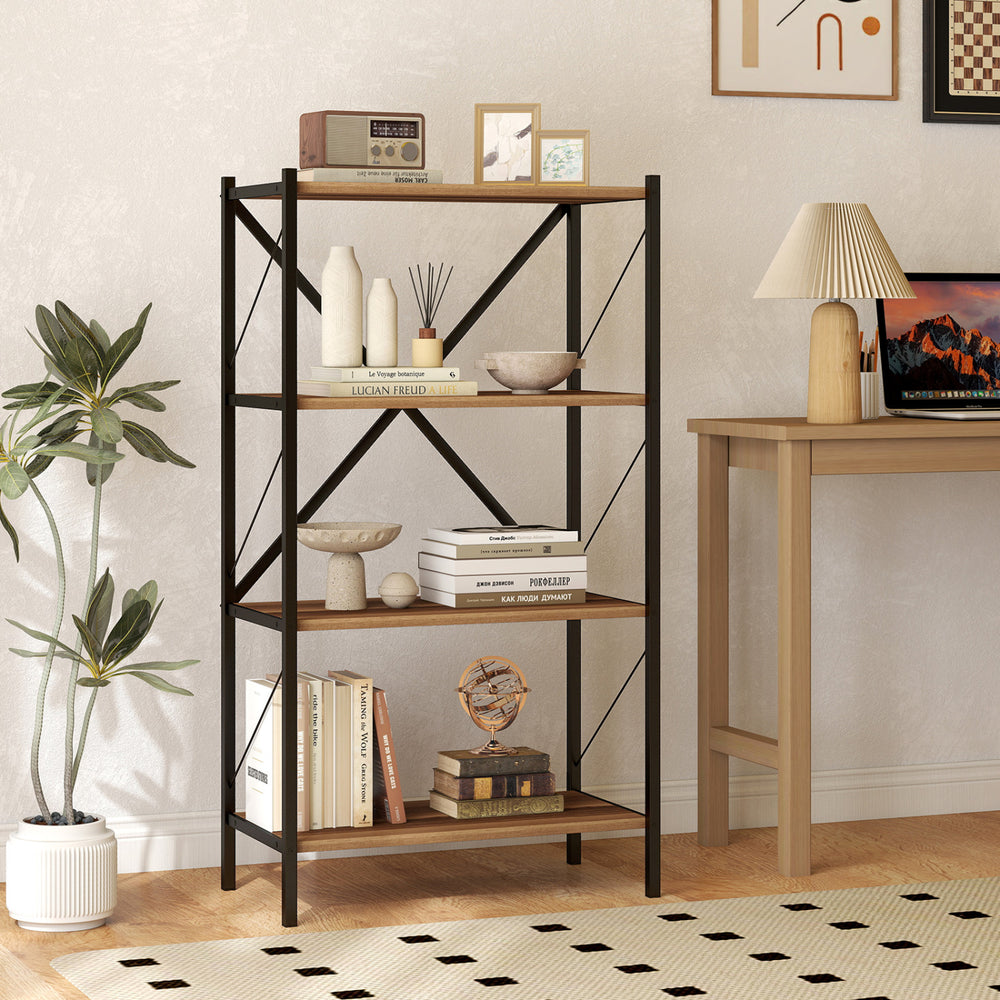 4-tier bookshelf with walnut shelves and metal frame, showcasing decorative items, perfect as a plant stand in.