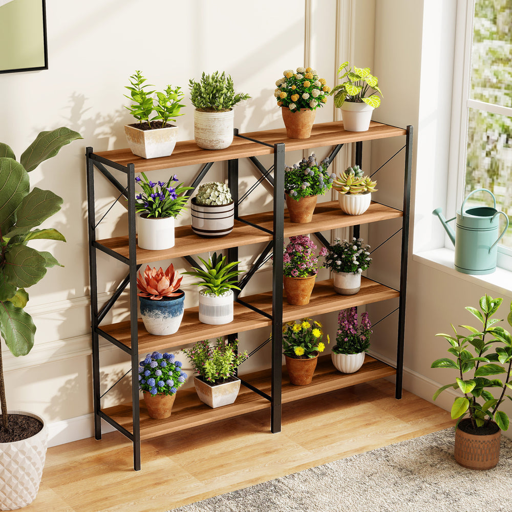 4-tier walnut bookshelf with heavy-duty metal frame, showcasing potted plants and decorative items for versatile indoor.