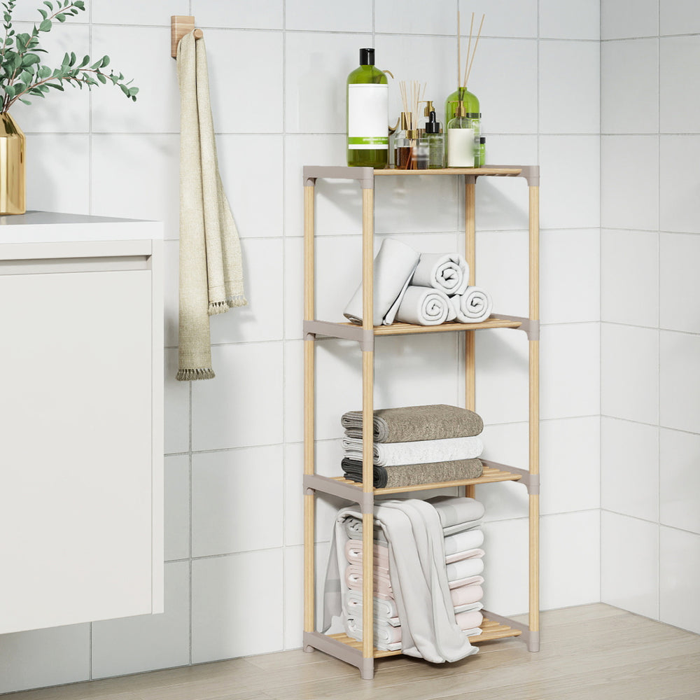 4-tier bookshelf in natural pine wood with open shelves, ideal for bathroom storage and home organization.