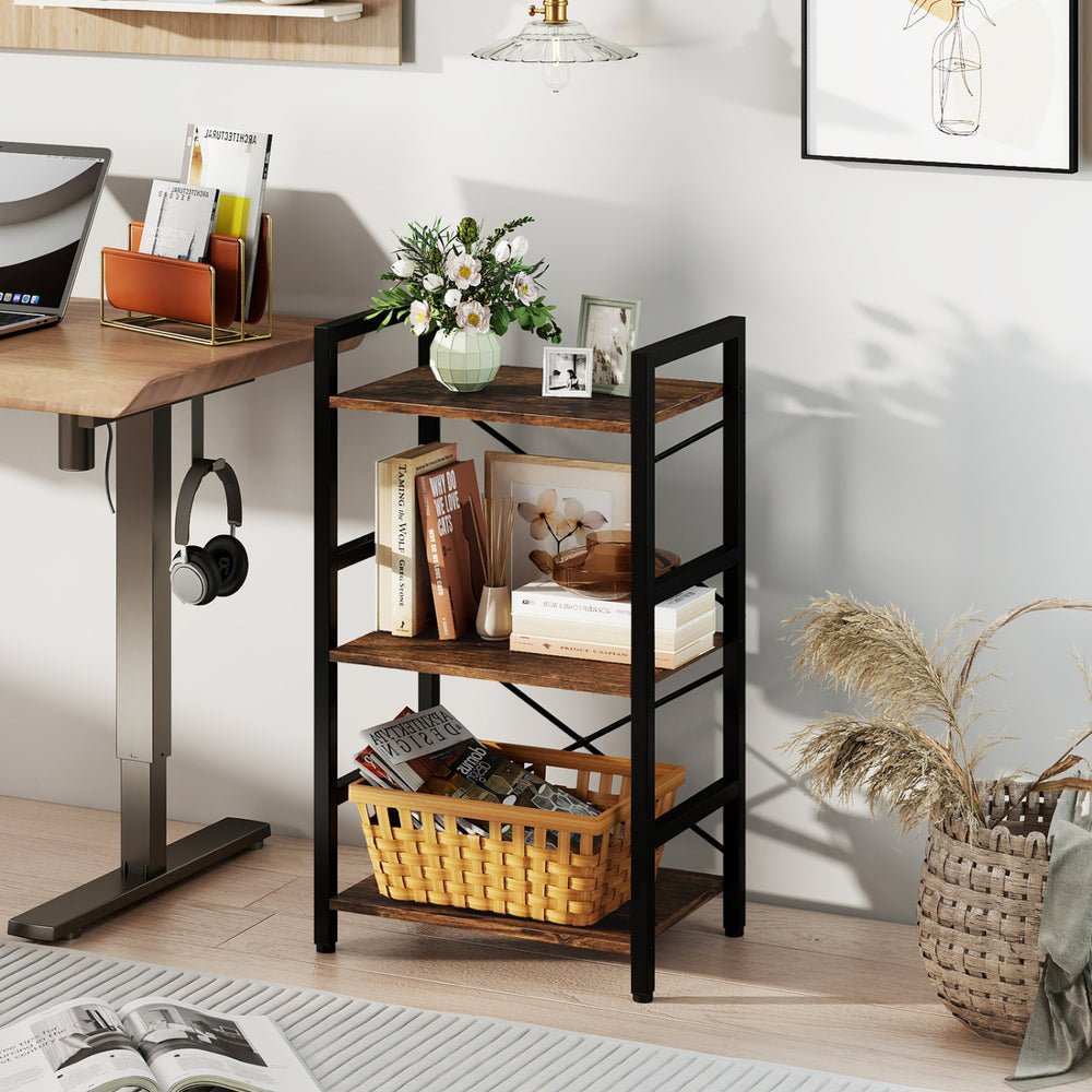 4-tier bookshelf with a rustic brown wooden finish and metal frame, ideal for books and decor in small spaces.