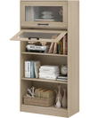 4-tier natural bookshelf with flip-up doors, open compartments, and transparent panels for stylish storage and display.