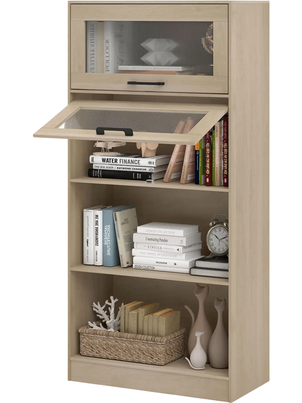 4-tier natural bookshelf with flip-up doors, open compartments, and transparent panels for stylish storage and display.