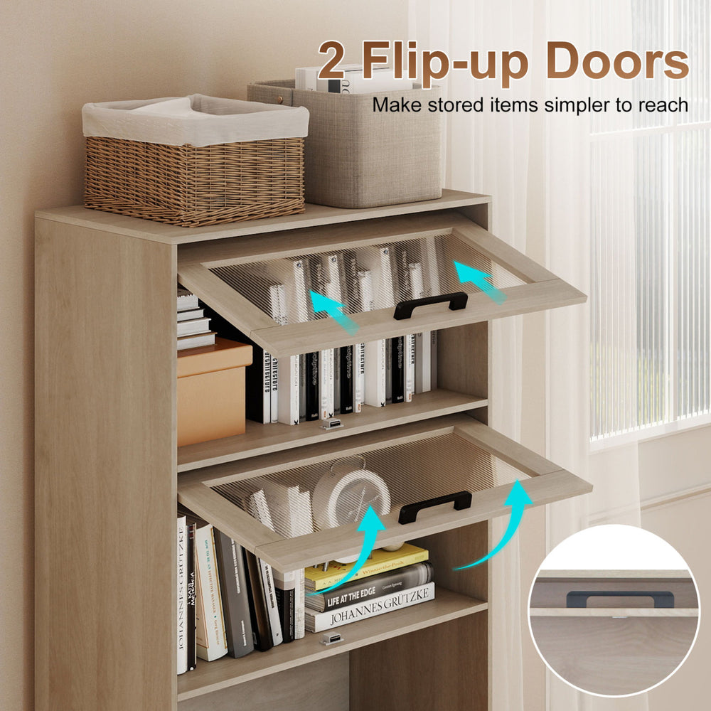 4-tier bookshelf with flip-up doors and transparent panels for easy access and storage in natural wood finish.