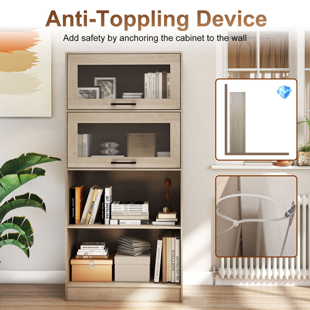 4-tier bookshelf with storage cabinets and open compartments in natural wood, featuring anti-toppling device for safety.