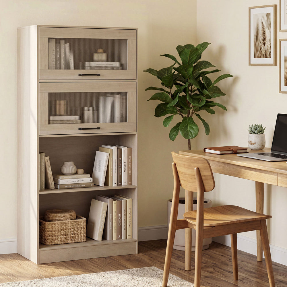 4-tier natural bookshelf with storage cabinets and open compartments, perfect for organizing books and decor in any.