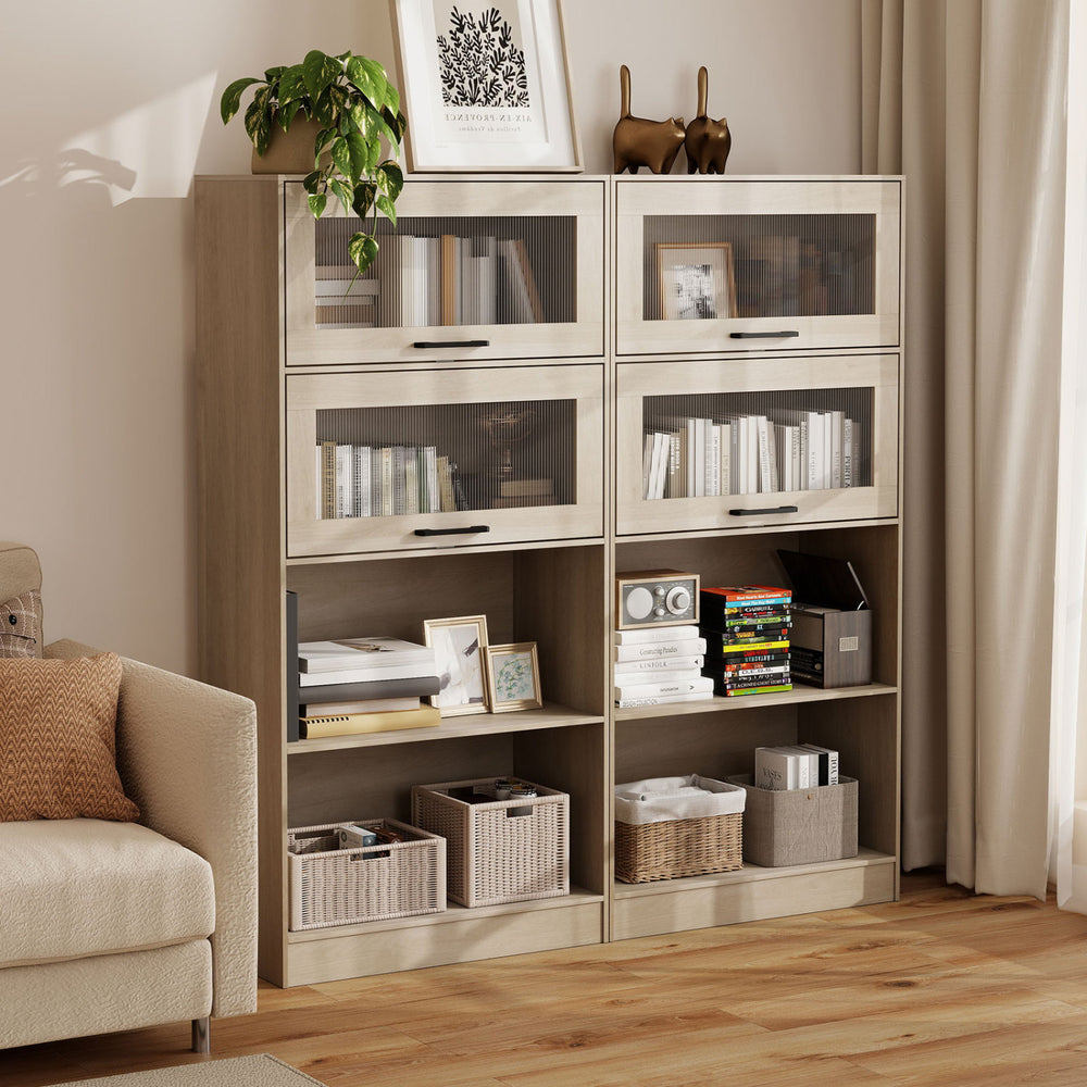 4-tier bookshelf with natural wood finish, featuring storage cabinets and open compartments for versatile organization.
