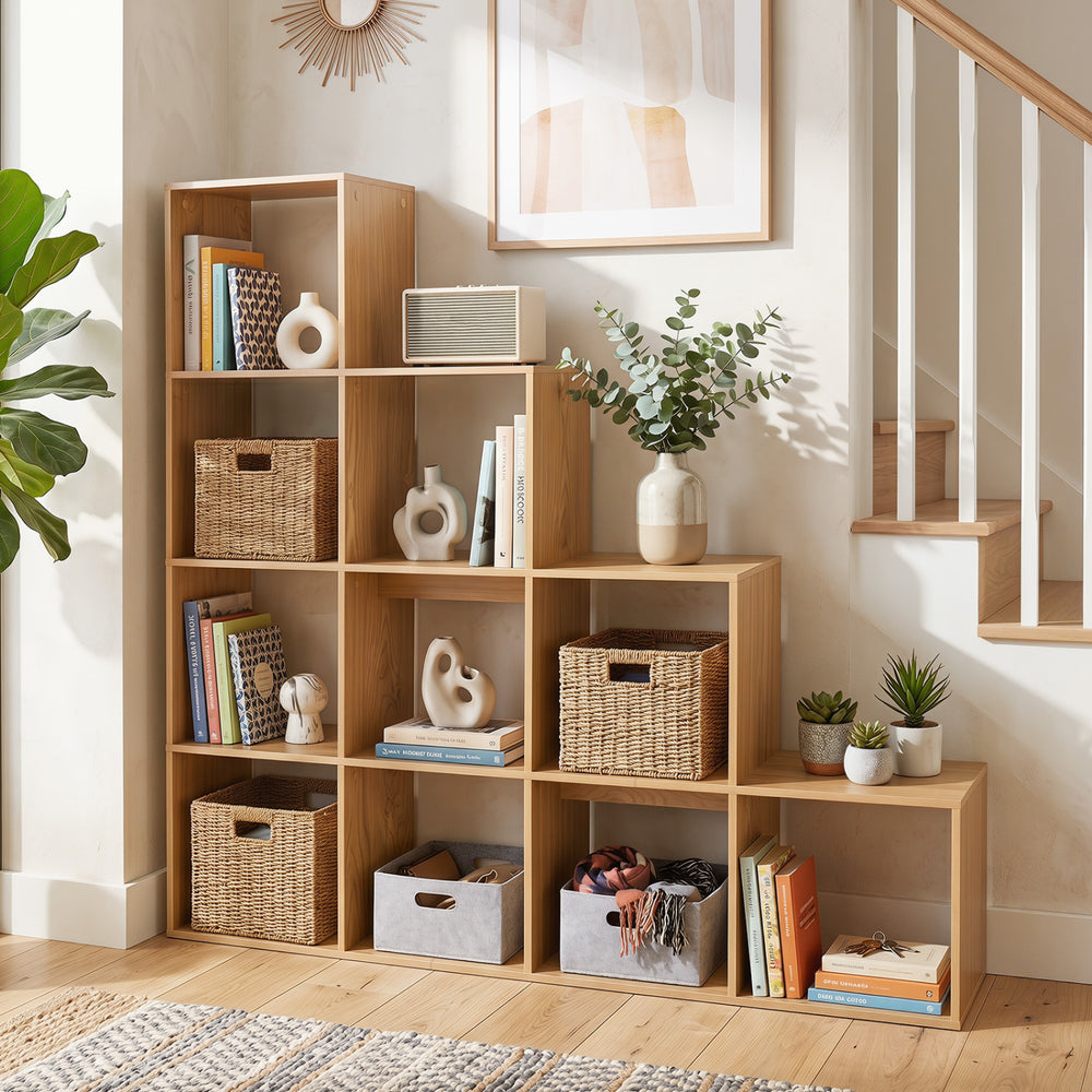4-tier natural bookshelf featuring 10-cube storage and anti-tipping kits, ideal for organizing home office spaces.