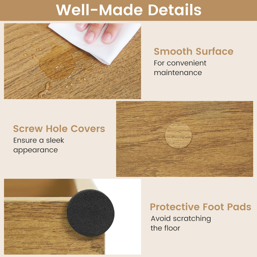 Detail shot of the 4-tier bookshelf showcasing smooth surface, screw hole covers, and protective foot pads for stability.