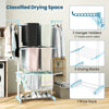 Clothes drying rack in blue featuring rotatable side wings, multiple drying racks, and a bottom shoe rack for efficient.