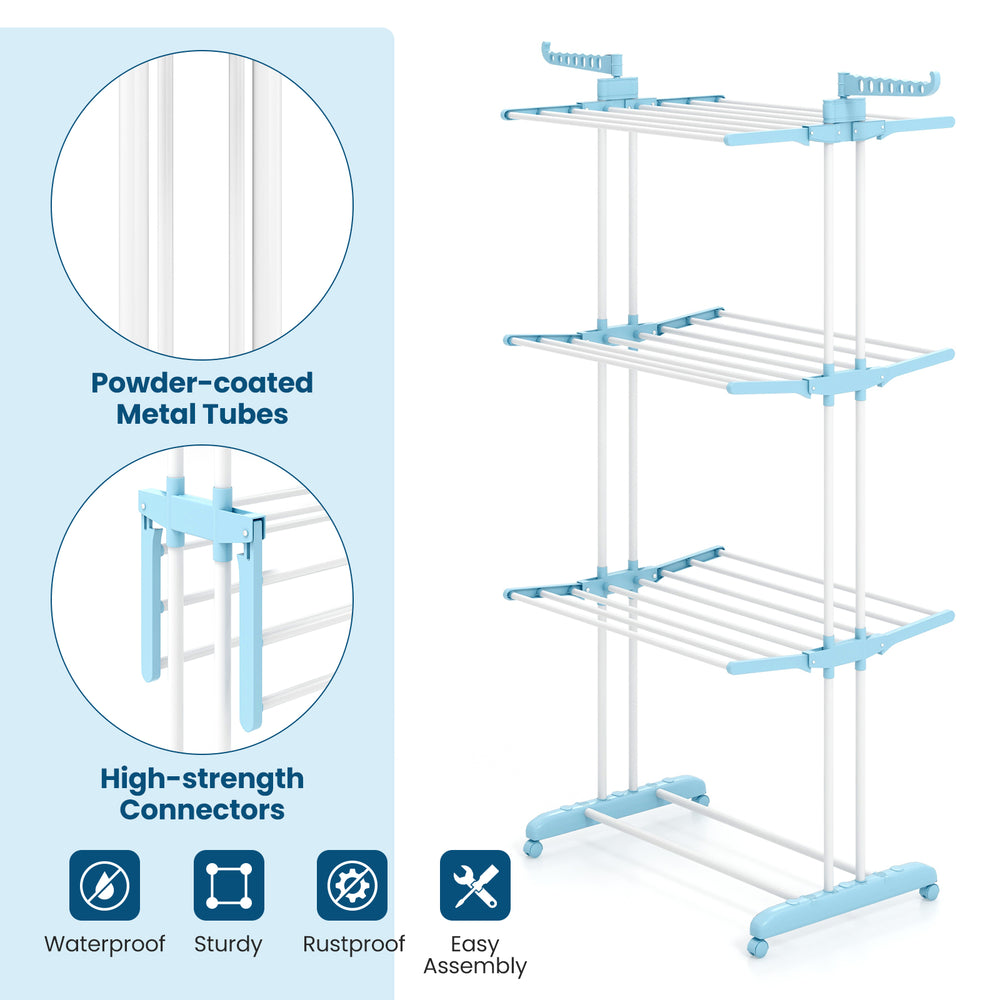 4-tier clothes drying rack in blue with collapsible shelves, rotatable wings, and sturdy metal tubes for versatile use.