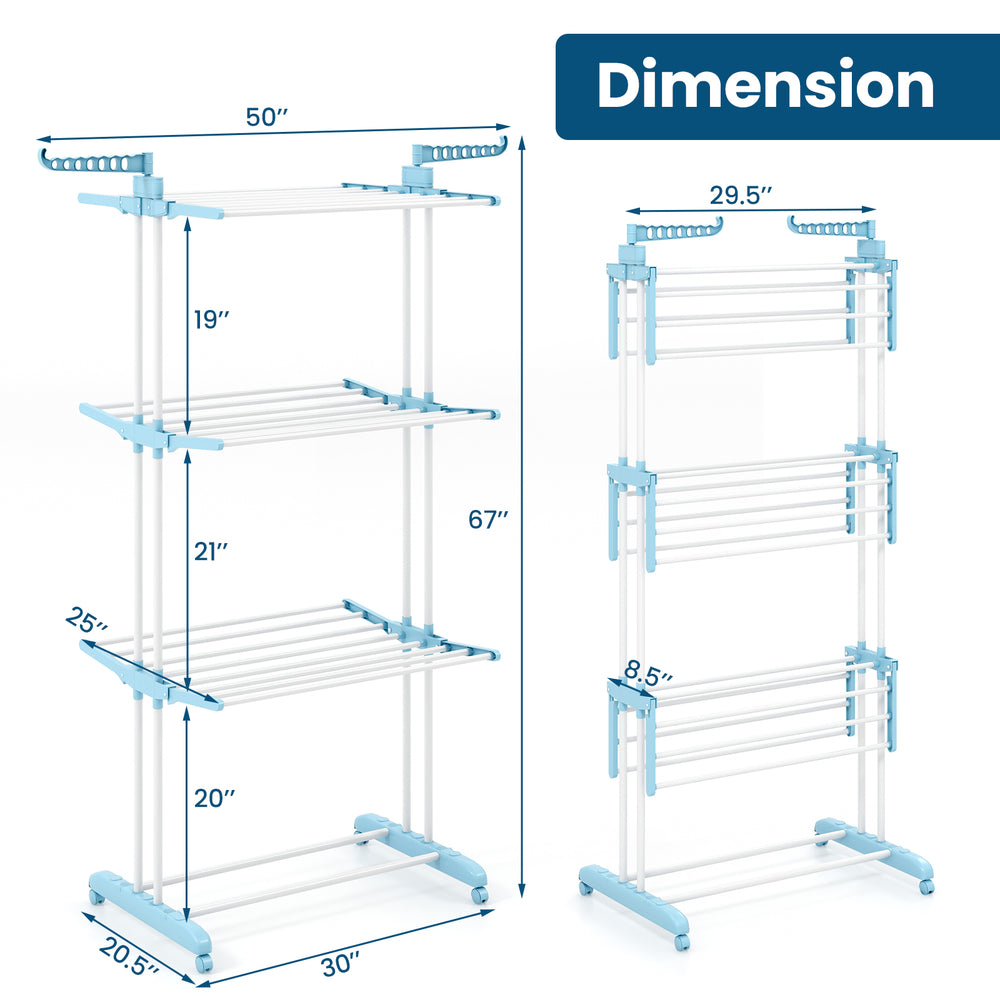 4-tier clothes drying rack in blue with rotatable wings, collapsible shelves, and dimensions for versatile laundry use.