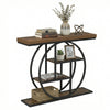 4-tier console table with a brown wood top and O-shaped metal frame, ideal for entryways or hallways.