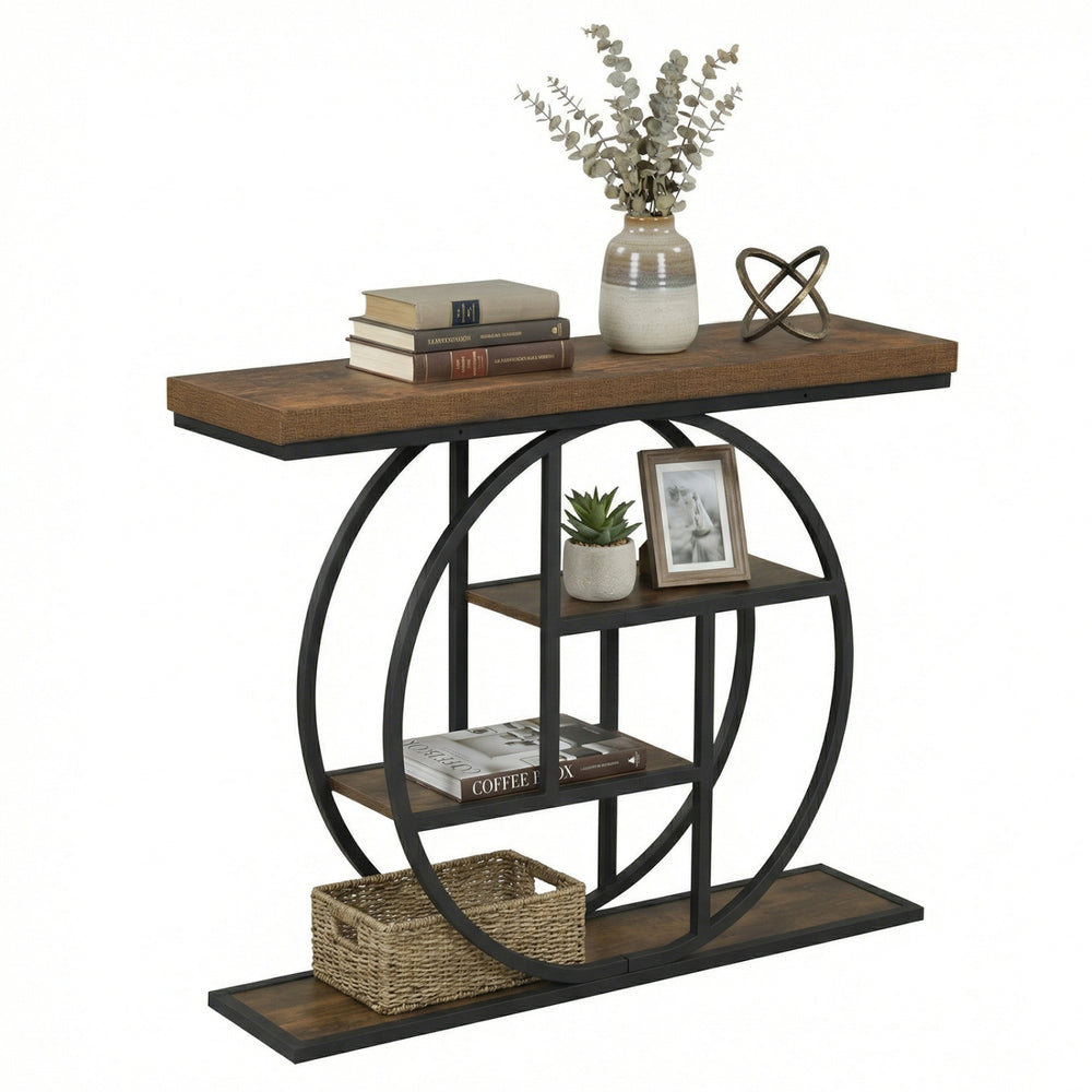 4-tier console table with a brown wood top and O-shaped metal frame, ideal for entryways or hallways.