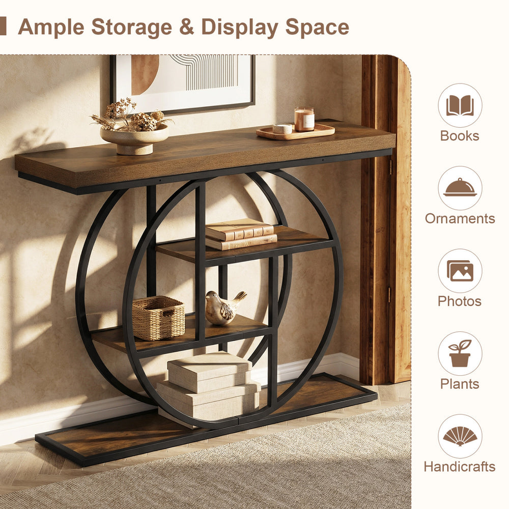 4-tier console table with O-shaped metal frame in brown, ideal for entryway storage and display of decor items.