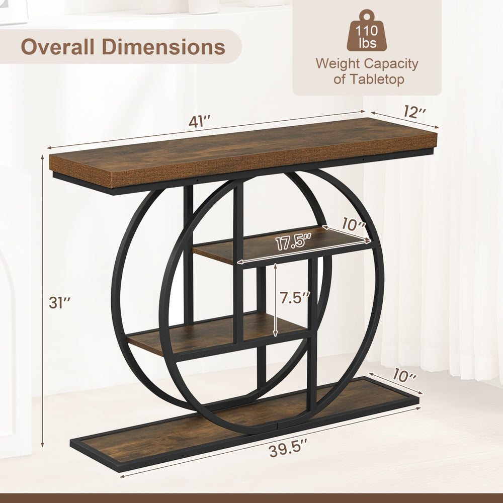 4-tier console table with brown wood top and O-shaped metal frame, ideal for entryway or living room storage.
