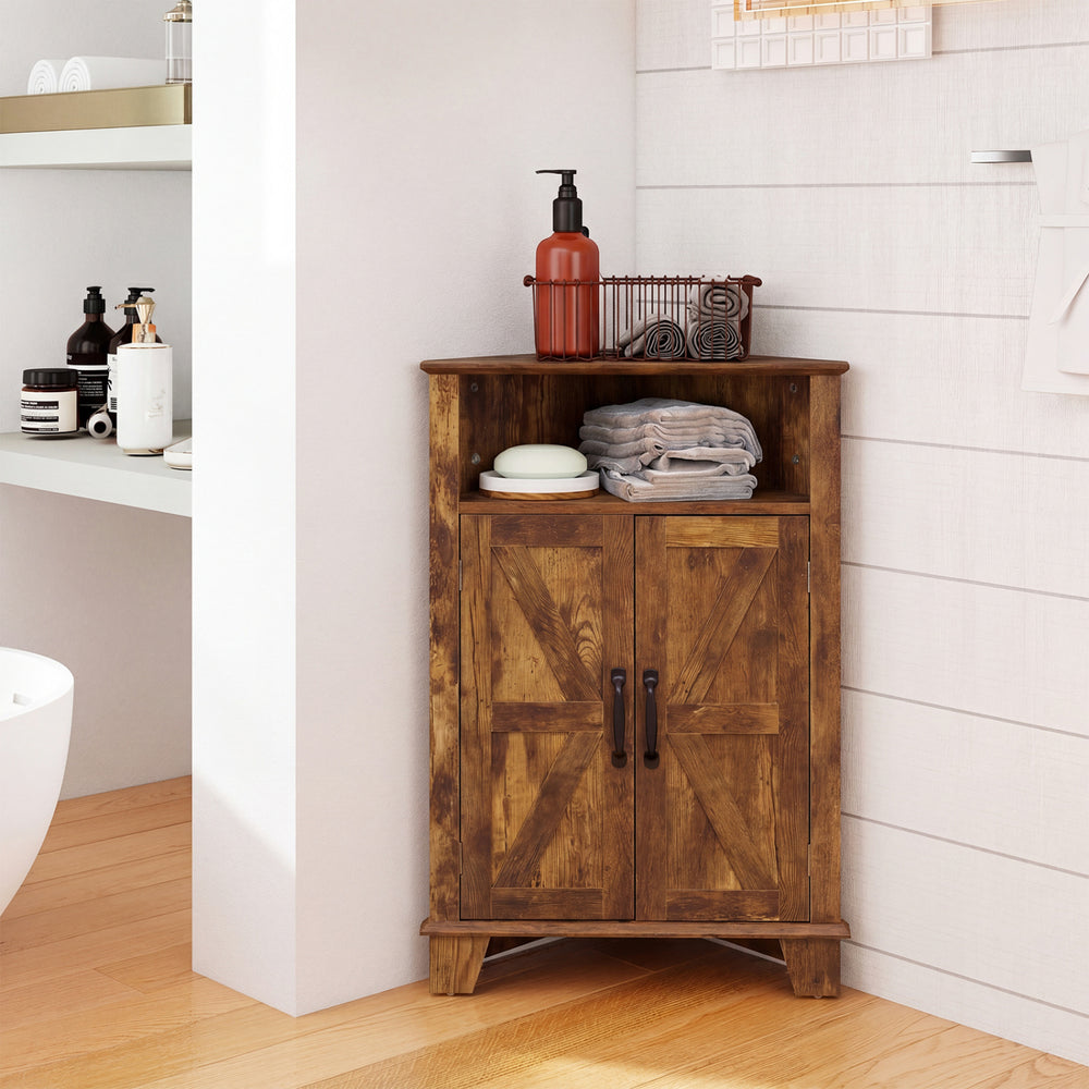 Rustic brown 4-tier corner storage cabinet with open shelf and dual doors for organized bathroom essentials.