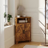 Rustic brown 4-tier corner storage cabinet with open shelf and dual doors, perfect for maximizing space in any room.