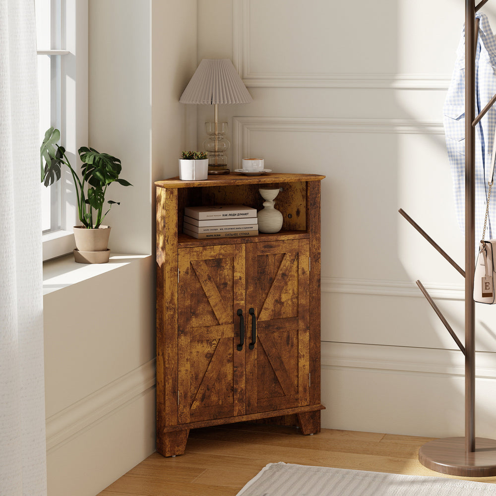 Rustic brown 4-tier corner storage cabinet with open shelf and dual doors, perfect for maximizing space in any room.