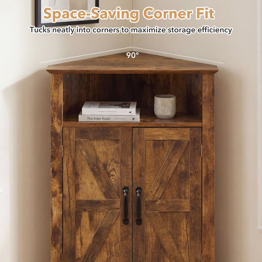 4-tier corner storage cabinet in rustic brown with open shelf, designed for efficient space utilization and.