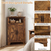 4-tier corner storage cabinet in rustic brown with wood texture, dual doors, and open shelf for efficient organization.