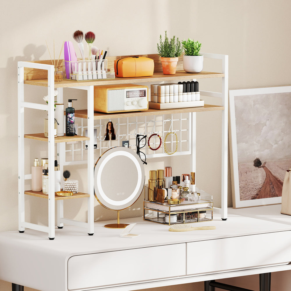 4-Tier Desk Shelf Desktop Display Rack with Metal Grid Panel and 6 Hooks-Natural - Gallery View 1 of 11
