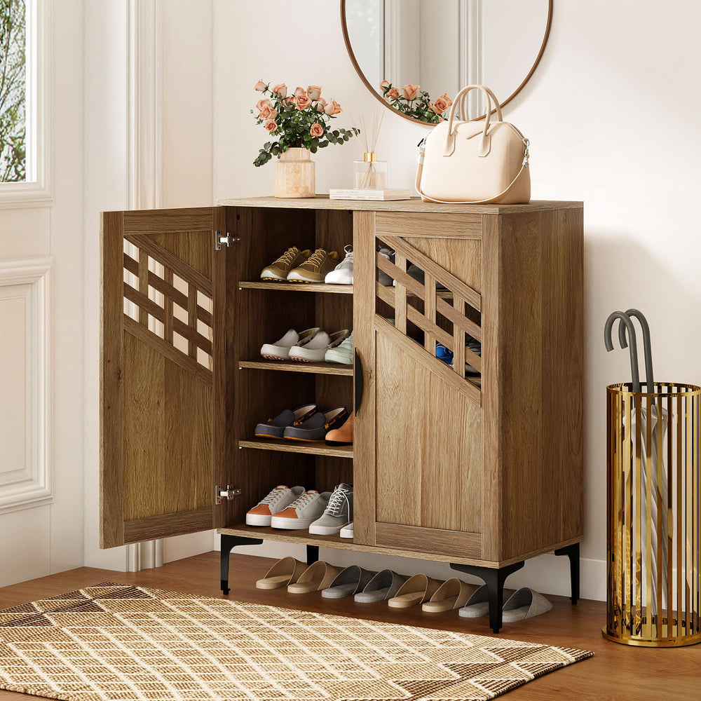 4 Tier Farmhouse Shoe Storage Cabinet with Removable Shelves and Metal Legs-Walnut - Gallery View 1 of 10