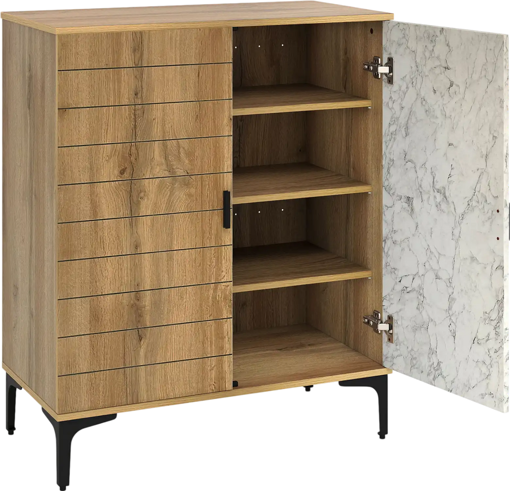 4-tier farmhouse shoe storage cabinet in oak with removable shelves and metal legs, ideal for entryway or hallway use.