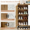 4-tier farmhouse shoe storage cabinet with removable shelves, metal legs, and convenient handles for entryway.