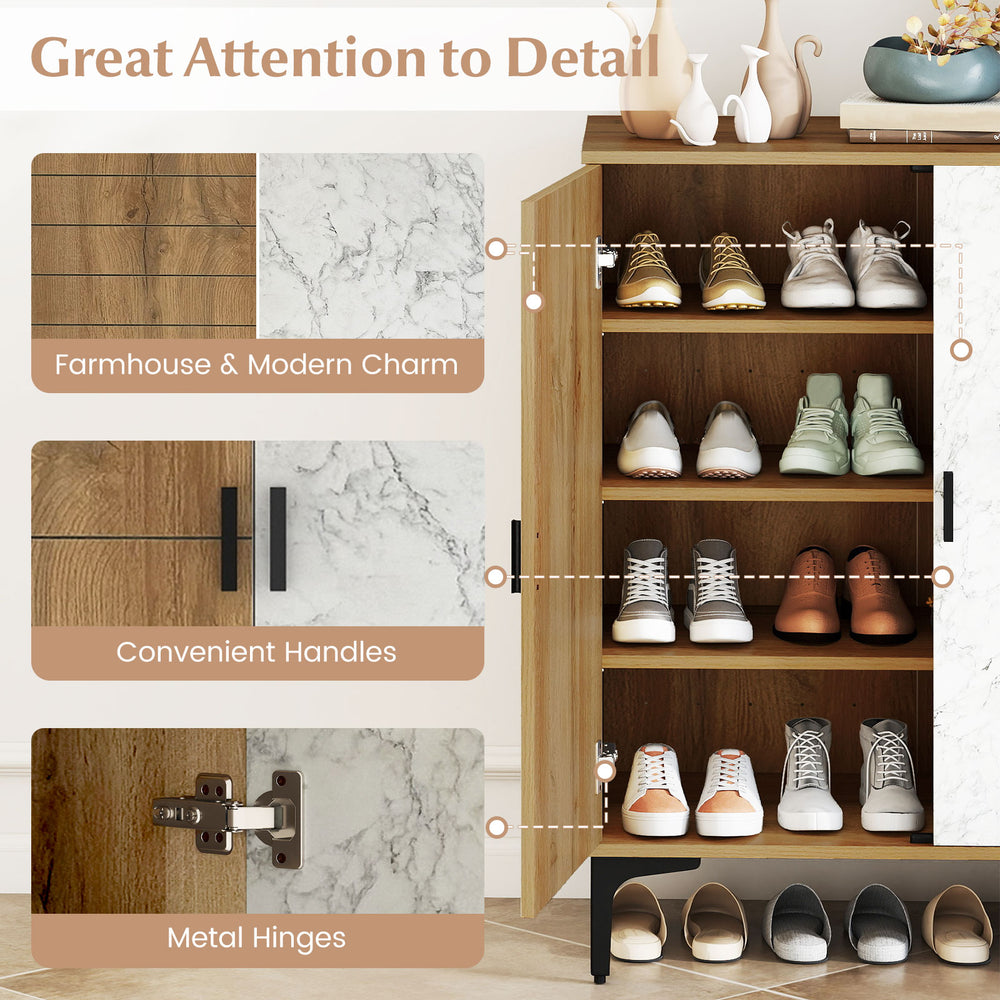 4-tier farmhouse shoe storage cabinet with removable shelves, metal legs, and convenient handles for entryway.