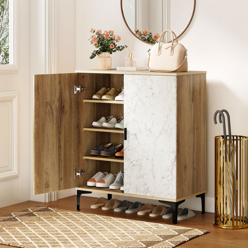 4-tier farmhouse shoe storage cabinet in oak with removable shelves, metal legs, and a stylish white marble finish.