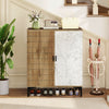 4-tier farmhouse shoe storage cabinet in oak with removable shelves and metal legs, ideal for entryway organization.